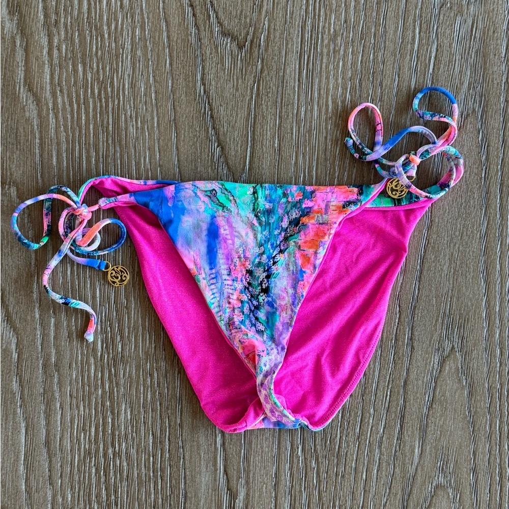 Luli Fama Pink and Multicolor Bikini Bottom with Side Ties